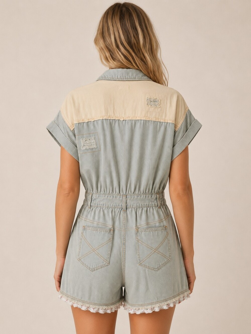 POL Striped Denim Patchwork Floral Embroidered Utility Romper Small NWOT - Picture 2 of 6